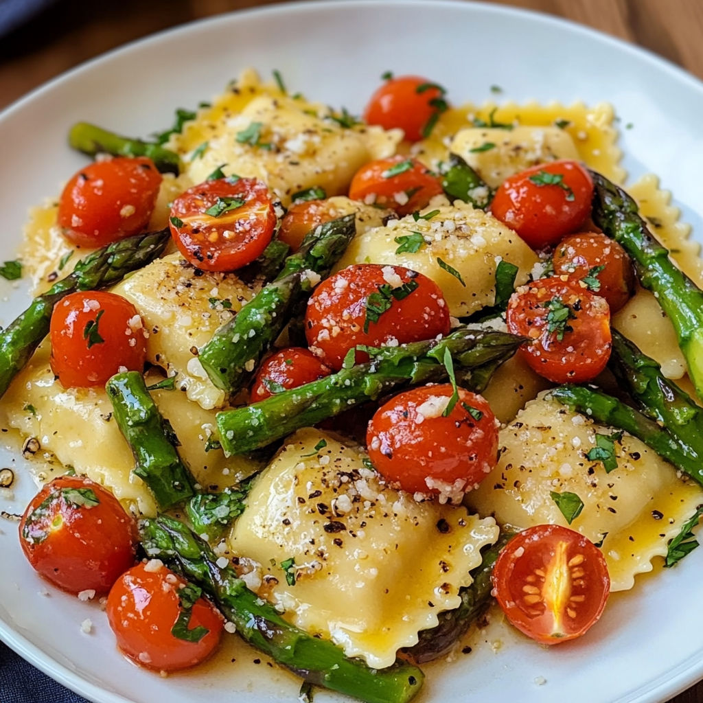 A plate of pasta with tomatoes, asparagus, garlic, and herbs.