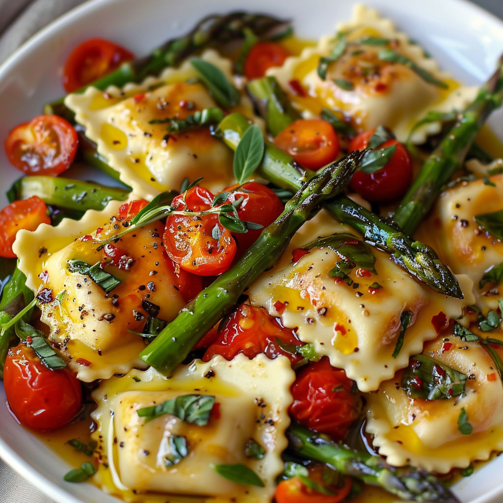A bowl of pasta with tomatoes, asparagus, and cheese, served with a drizzle of olive oil.