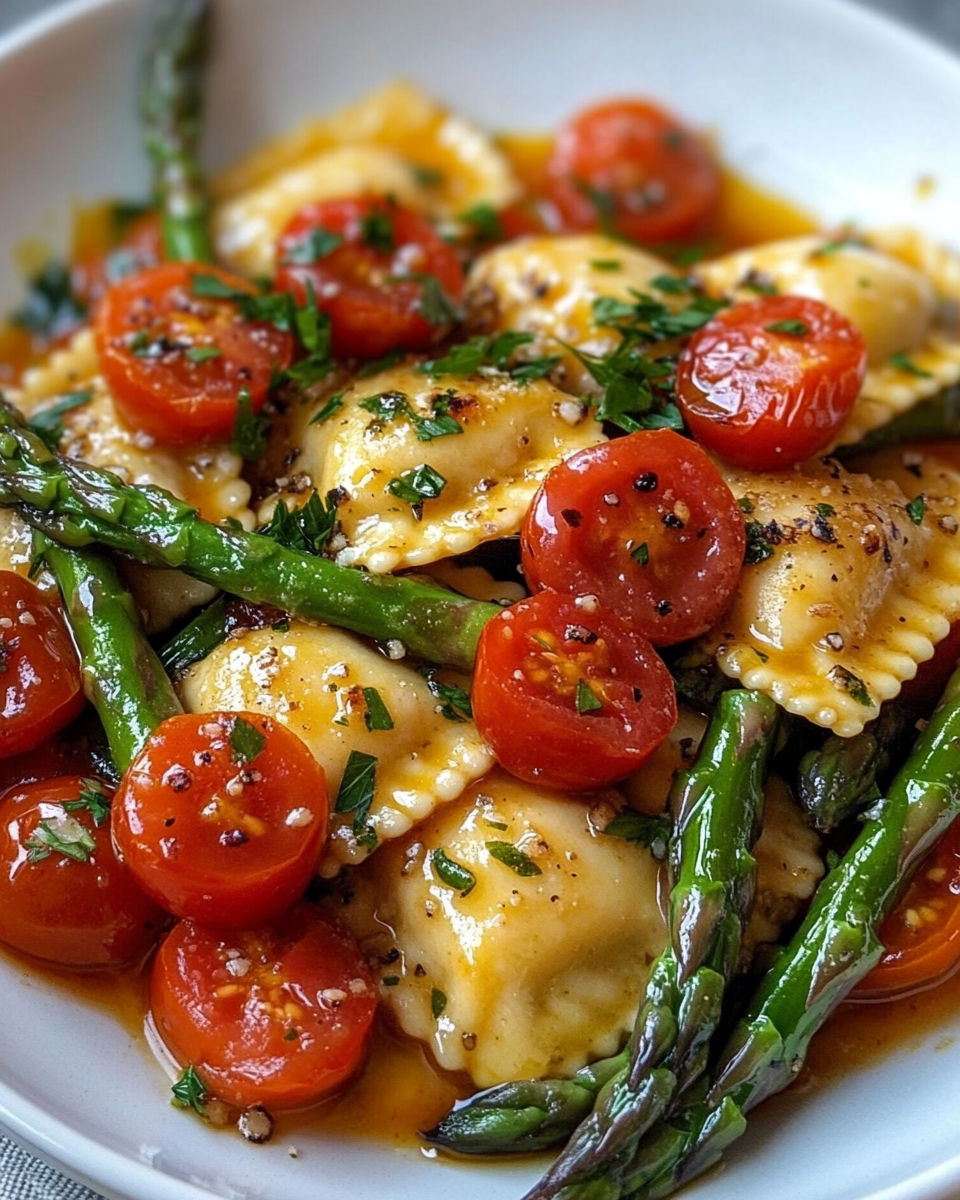 A plate of pasta with tomatoes, asparagus, and basil, served with a tomato sauce.
