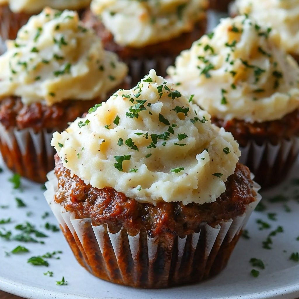 A plate of mini meatloaf muffins with green herbs on top.