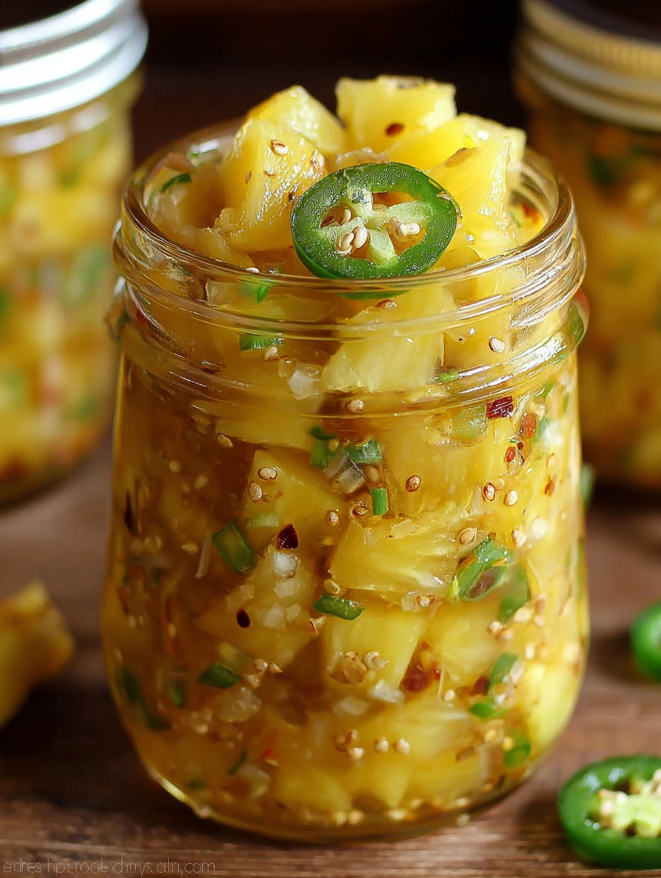 A jar of pineapple chutney with jalapenos and other spices.
