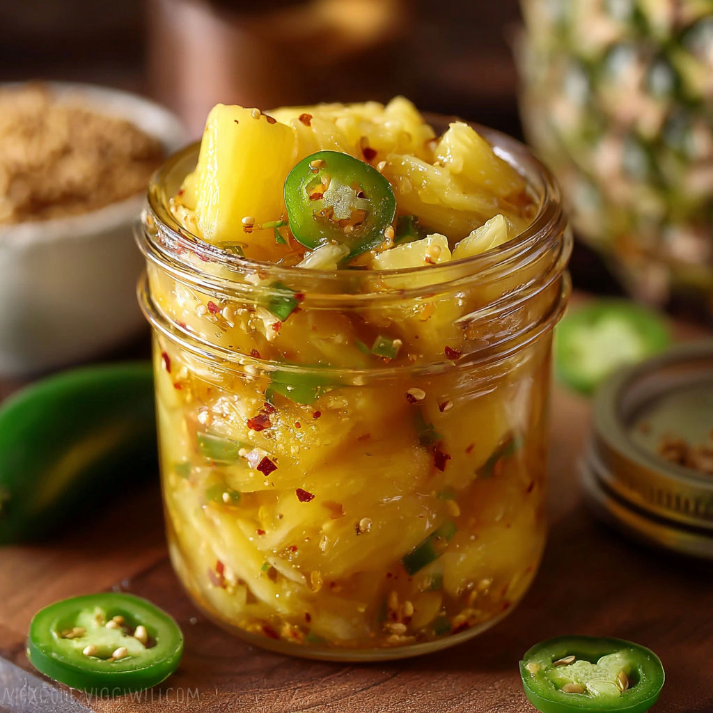 A jar of pineapple chili sauce with green peppers and jalapenos.