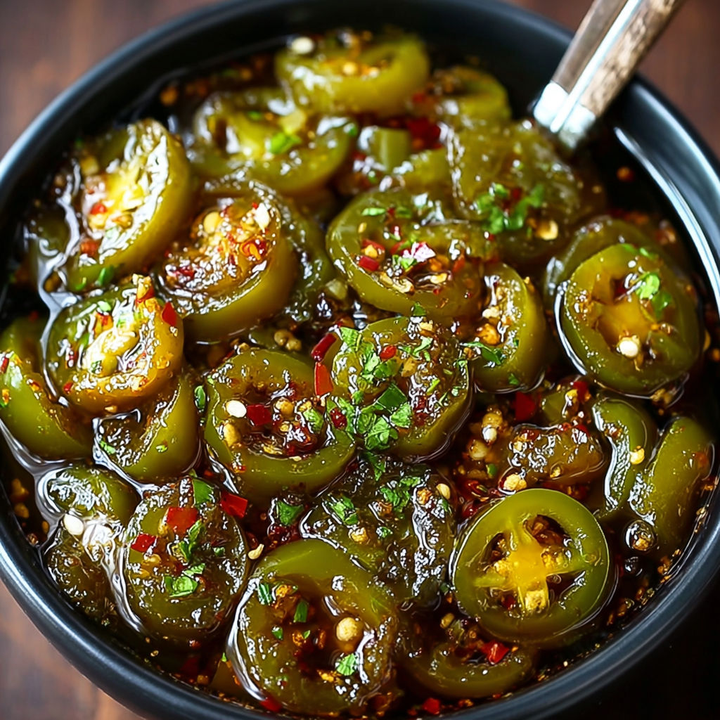 A bowl of Cowboy Candy, a spicy pickled vegetable dish, is filled with green pickled peppers and other vegetables.