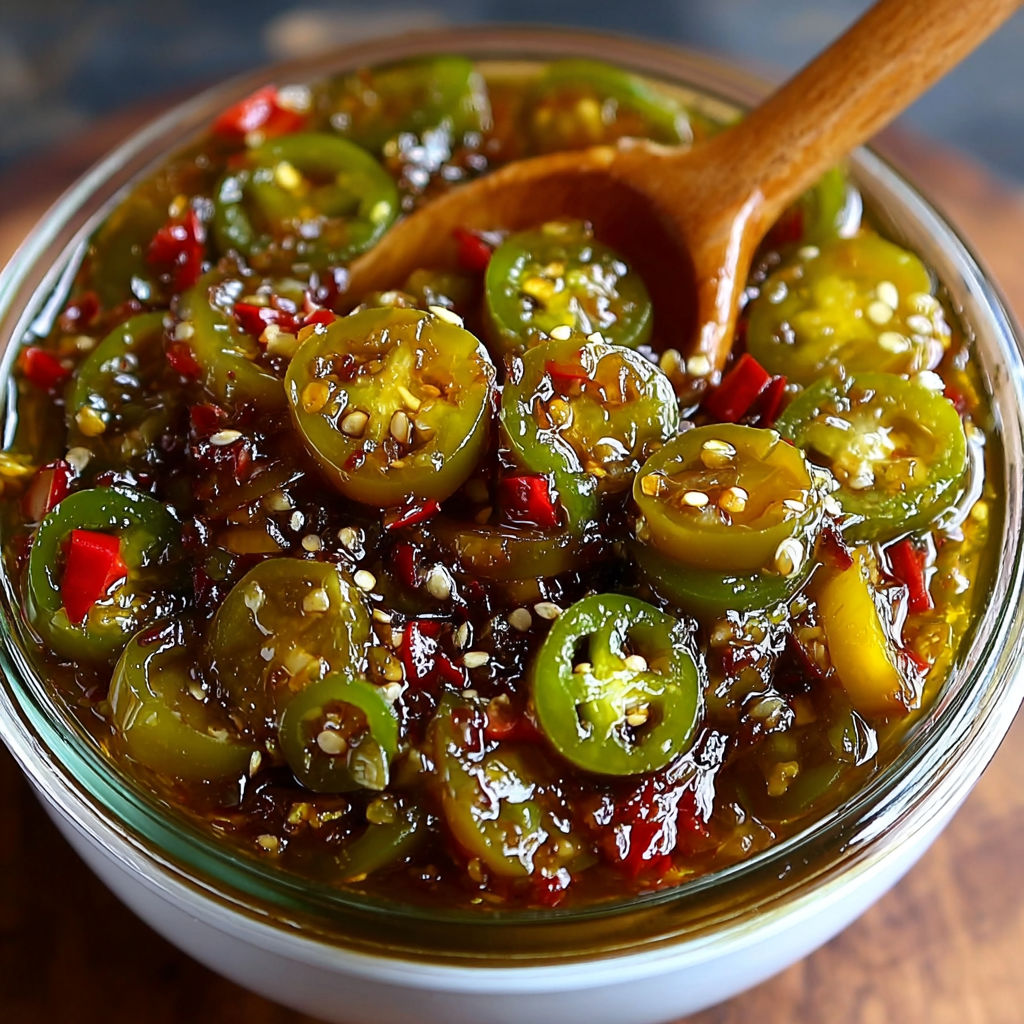 A bowl of salsa with jalapenos and other spices.