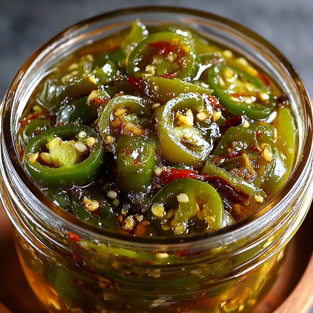 A jar of pickled green peppers with a spoon in it.