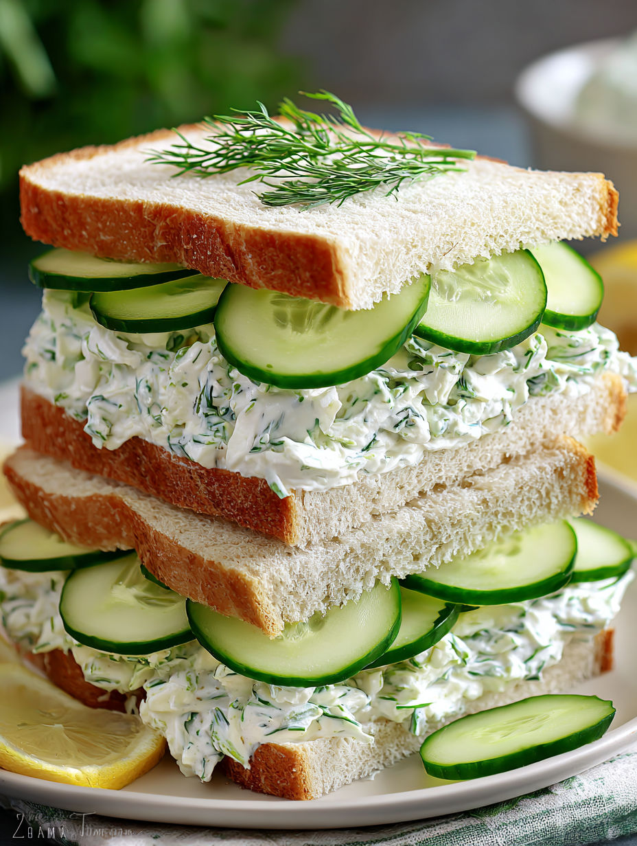 A stack of cucumber sandwiches with a generous amount of cucumber slices on top.