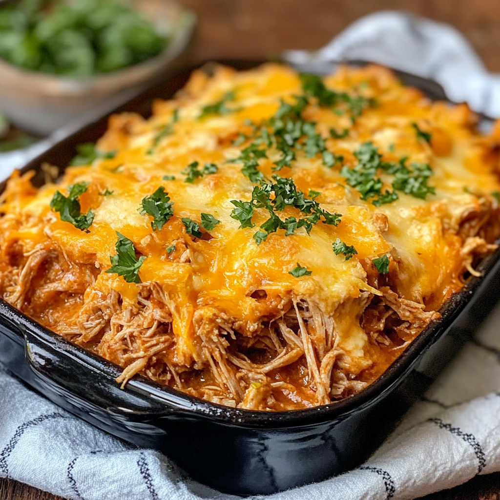A delicious homemade chicken enchilada casserole in a black dish.
