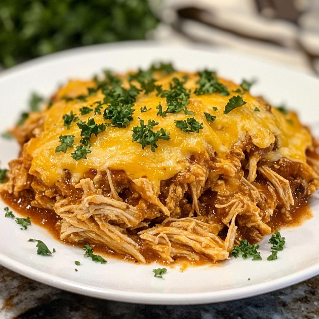 A plate of chicken enchilada casserole with a sprinkle of parsley on top.