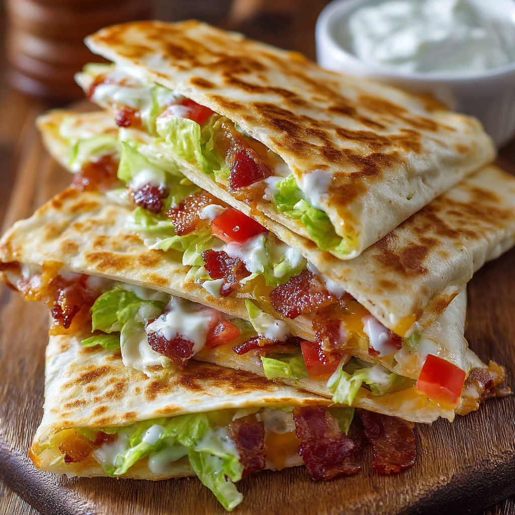 A delicious bacon and cheese quesadilla is served with a side of ranch dressing.