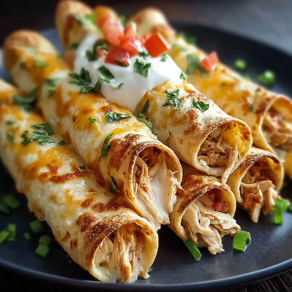 A plate of Baked Cream Cheese Chicken Taquitos with tomatoes and lettuce on top.