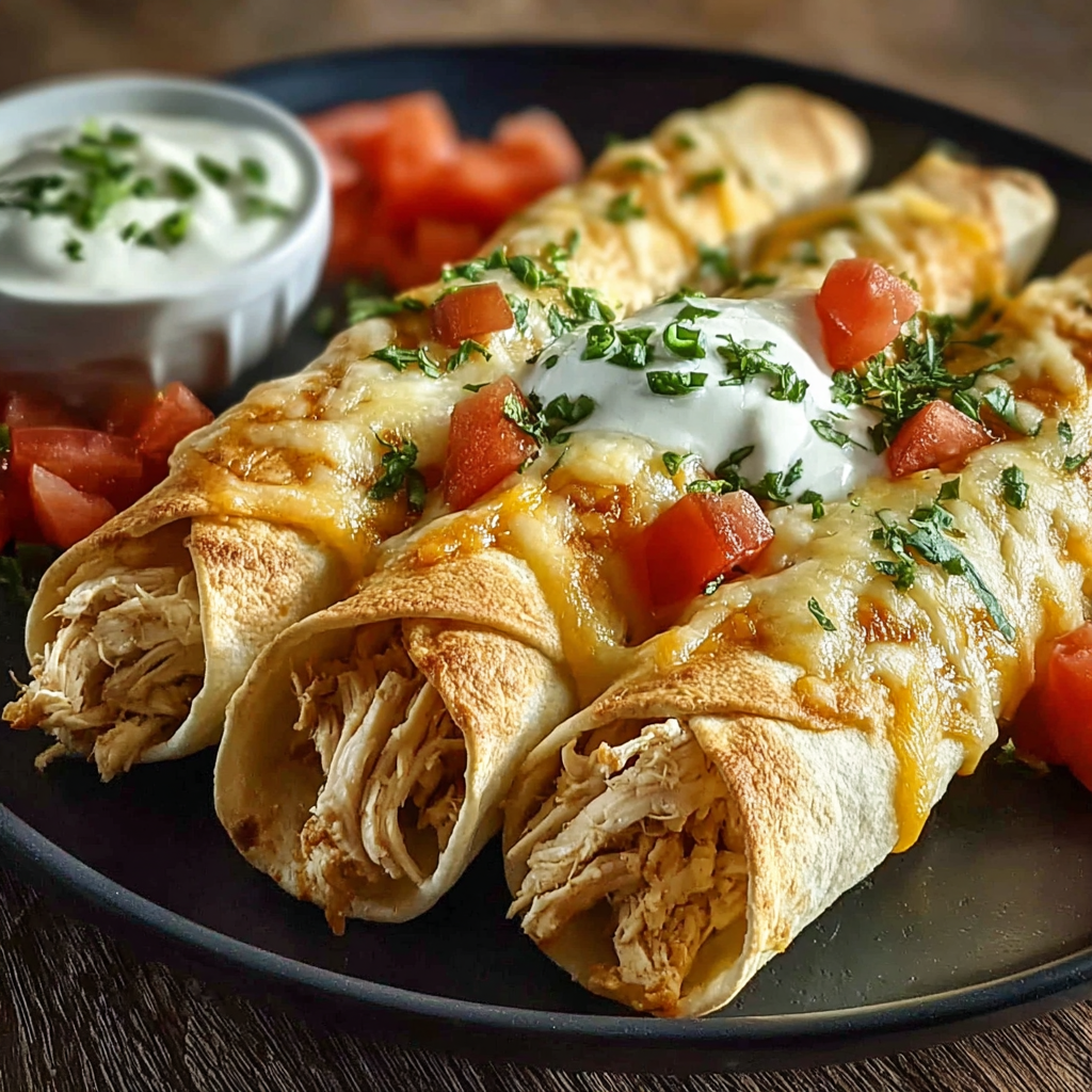 A plate of chicken enchiladas with tomatoes and cheese, accompanied by a side of sour cream.