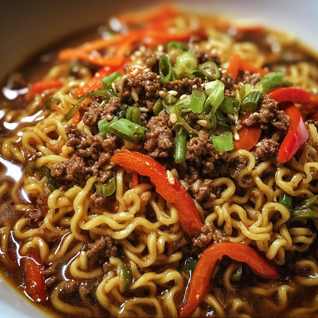 A bowl of Slow Cooker Beef Ramen Noodles with vegetables and meat.
