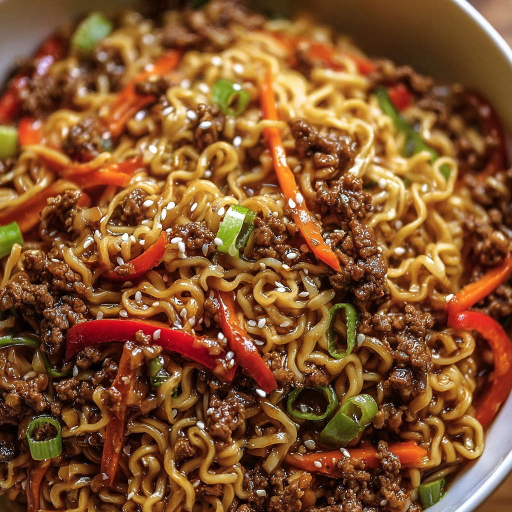 A bowl of noodles with vegetables and meat, including peppers and carrots, is ready to be eaten.
