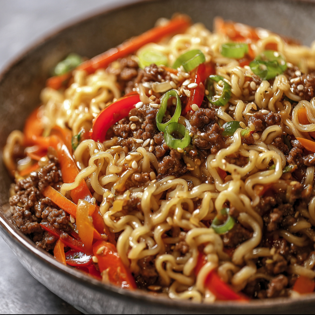 A bowl of noodles with vegetables and meat, including carrots and peppers, is served in a brown bowl.
