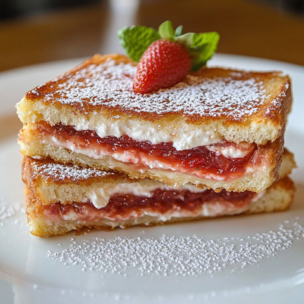 A delicious fried strawberry cheesecake sandwich is served on a white plate.