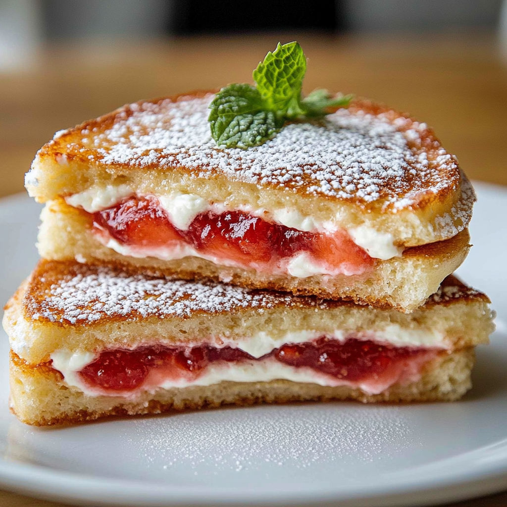 A delicious fried strawberry cheesecake sandwich is served on a white plate.