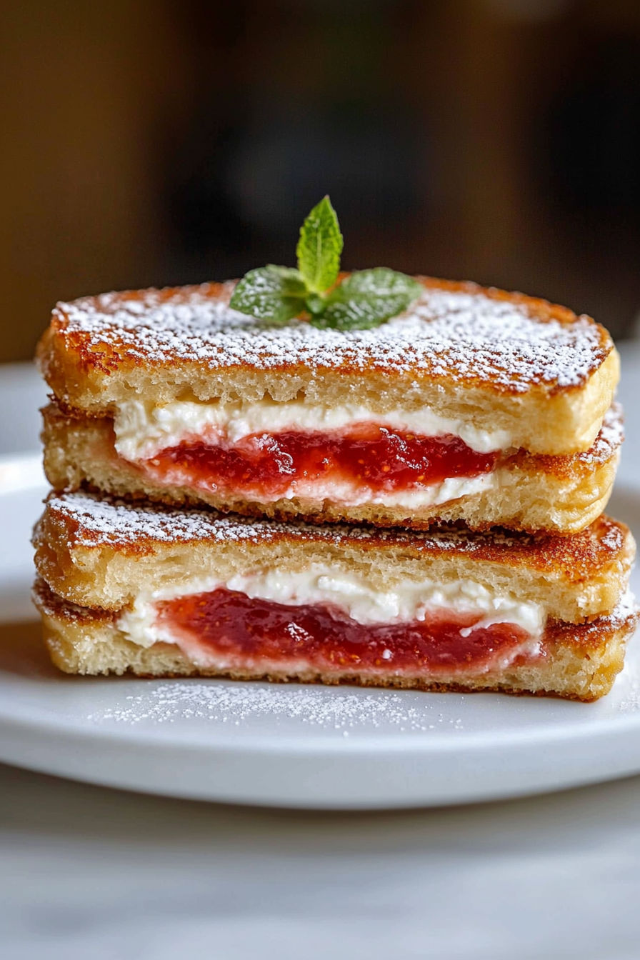 A delicious Fried Strawberry Cheesecake Sandwich is presented on a plate, with a generous amount of powdered sugar sprinkled on top.
