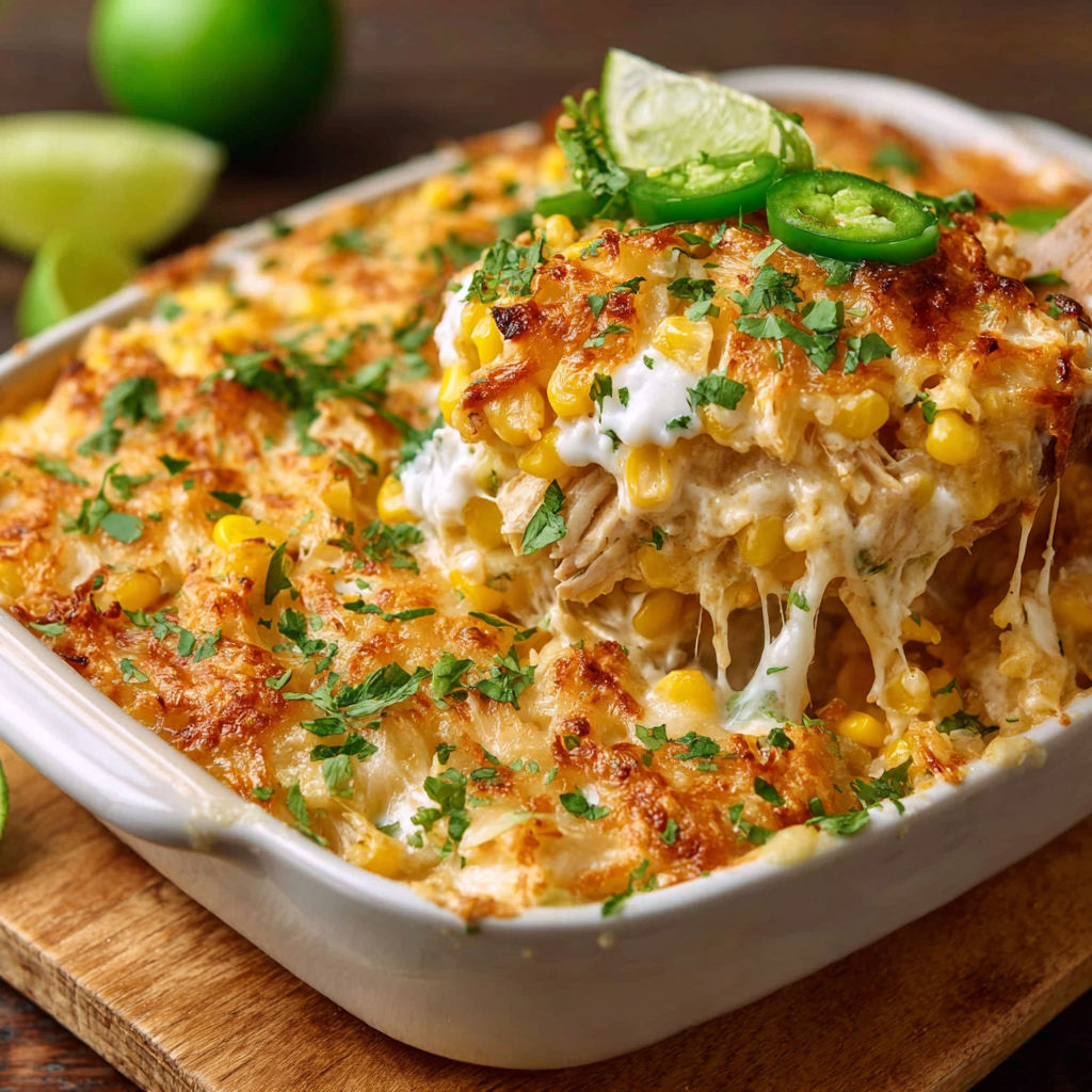 A delicious Street Corn Chicken Casserole is ready to be served.