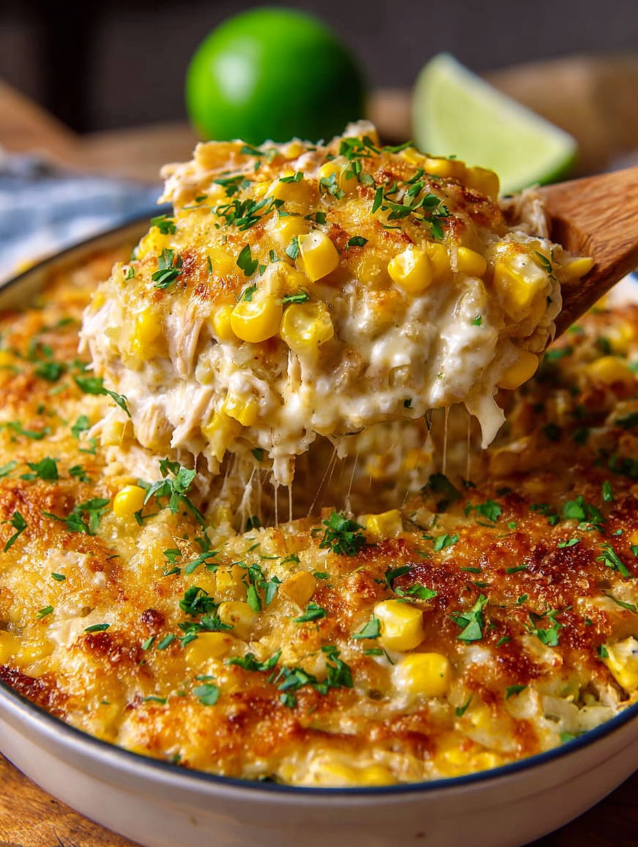 A bowl of food with a wooden spoon in it, the dish is described as a "casserole with corn and chicken".