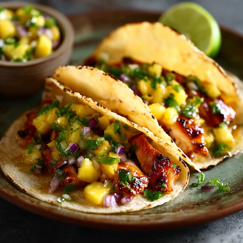 A plate of delicious Hawaiian Huli Huli Chicken Tacos.