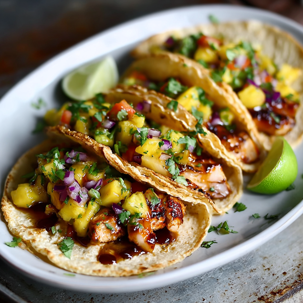 A plate of delicious tacos with pineapple and other toppings.