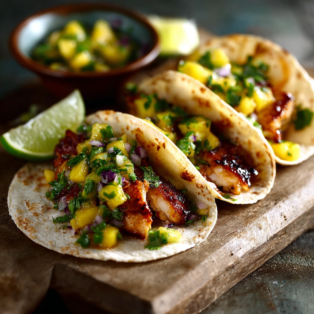 A delicious meal of fish tacos with pineapple and onions, served with a side of guacamole.