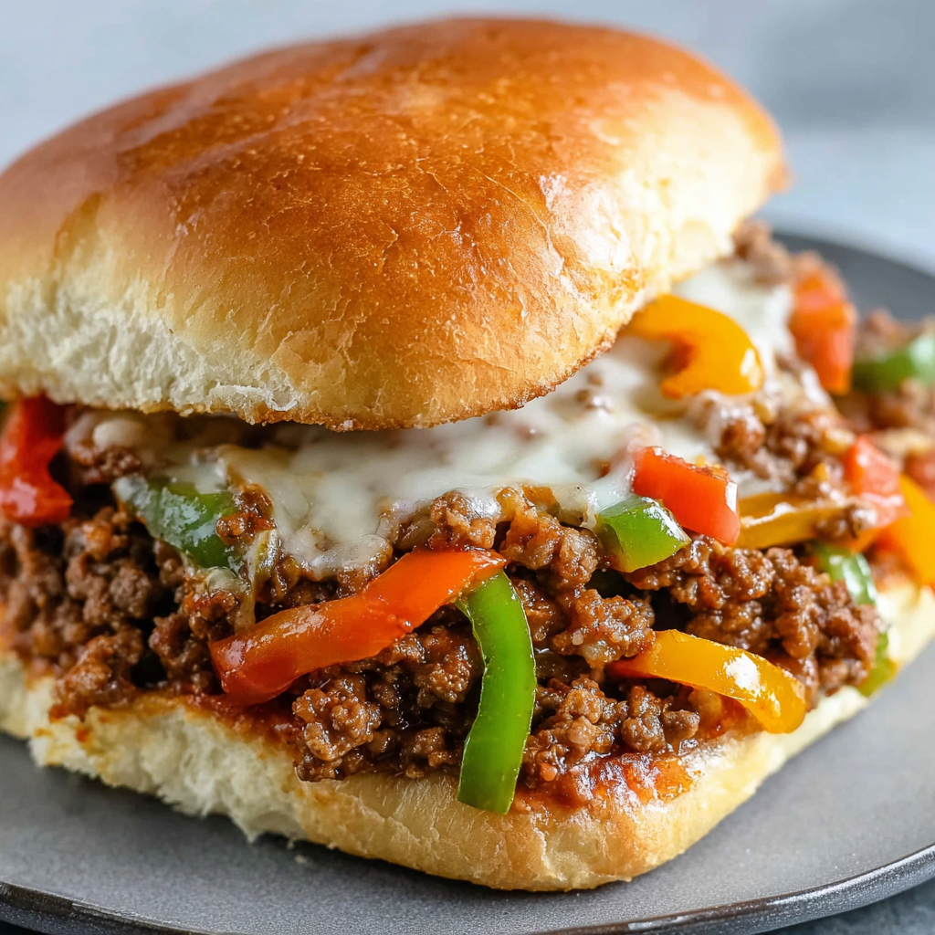 A delicious burger with peppers and cheese on a bun.