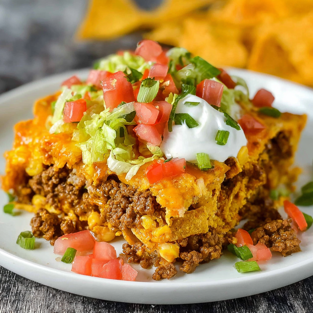 A delicious Taco Doritos Casserole Bake is served on a white plate.