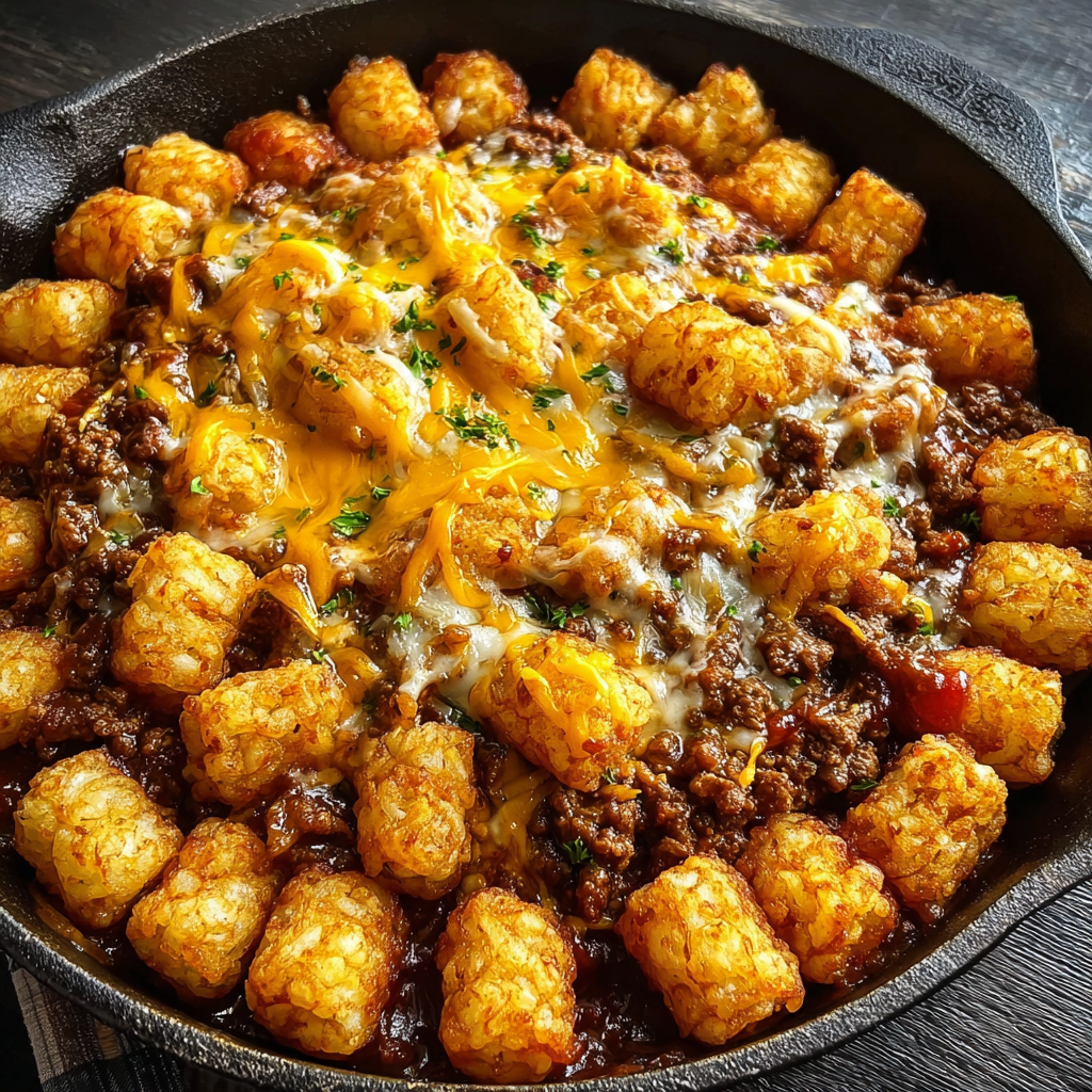 A delicious meal of tater tots and beef in a skillet.