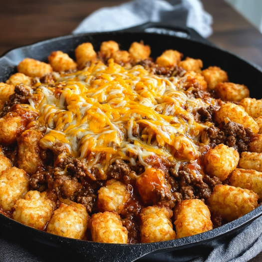 A delicious meal of tater tots and beef in a skillet.