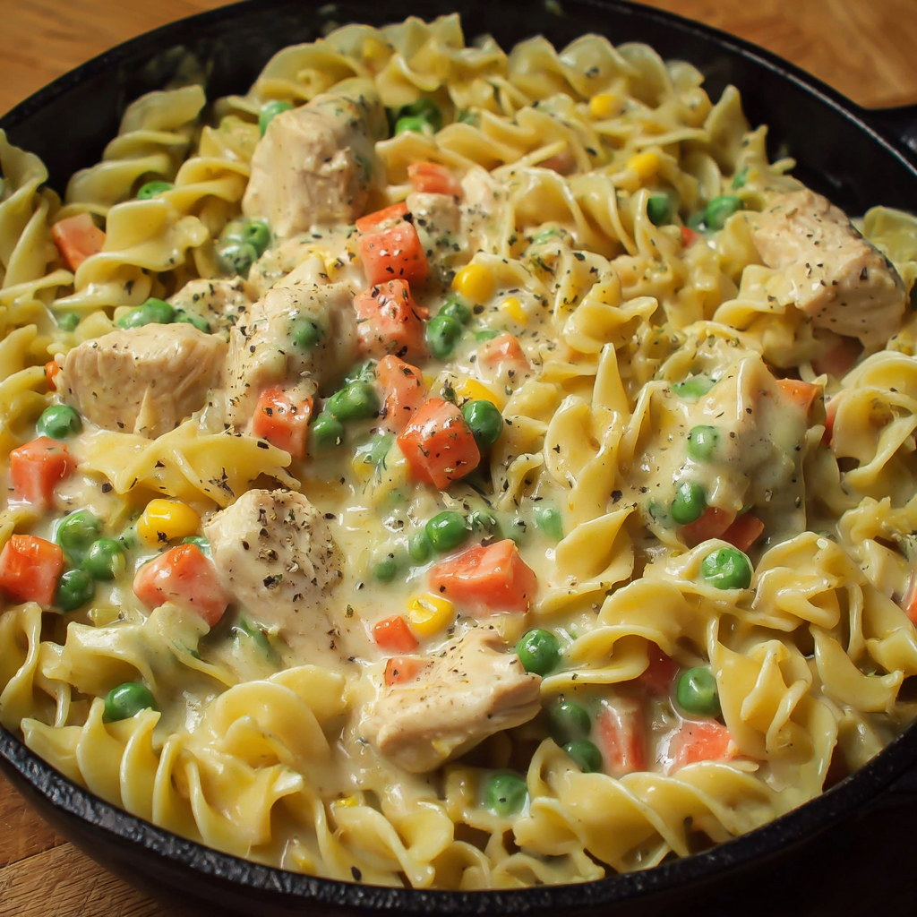 A delicious creamy chicken pot pie pasta dish is served in a black pan.