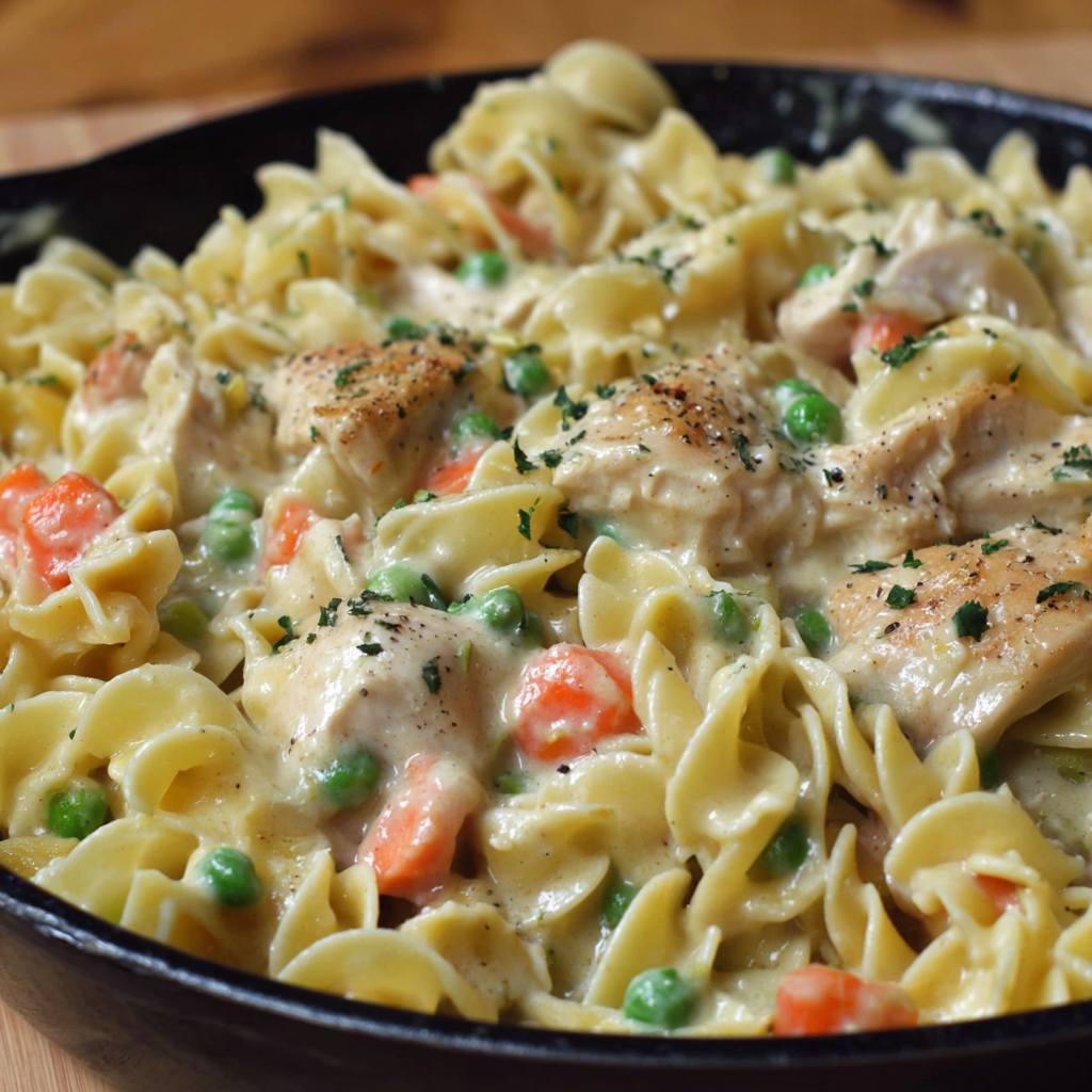 A delicious pasta dish with chicken, peas, and carrots, served in a black skillet.