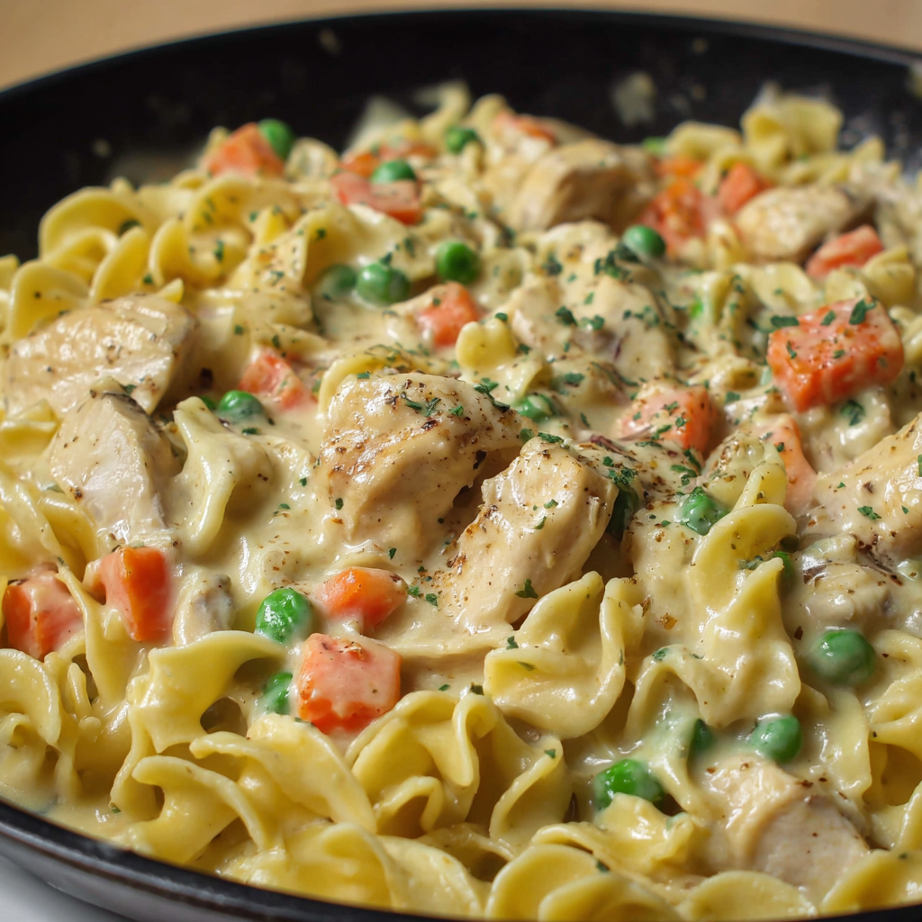 A delicious pasta dish with chicken, peas, and carrots, all covered in a creamy sauce.