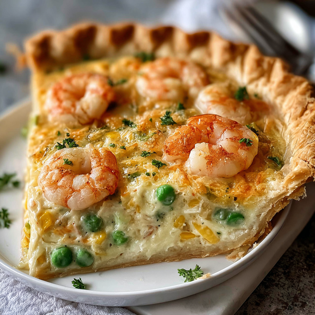 A slice of shrimp and pea pie on a white plate.