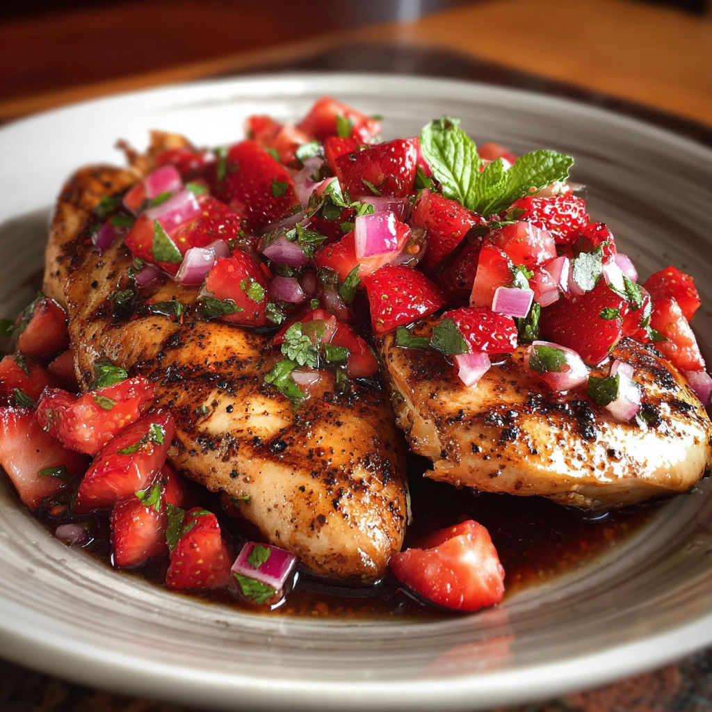 A plate of chicken with a strawberry basil relish on top.