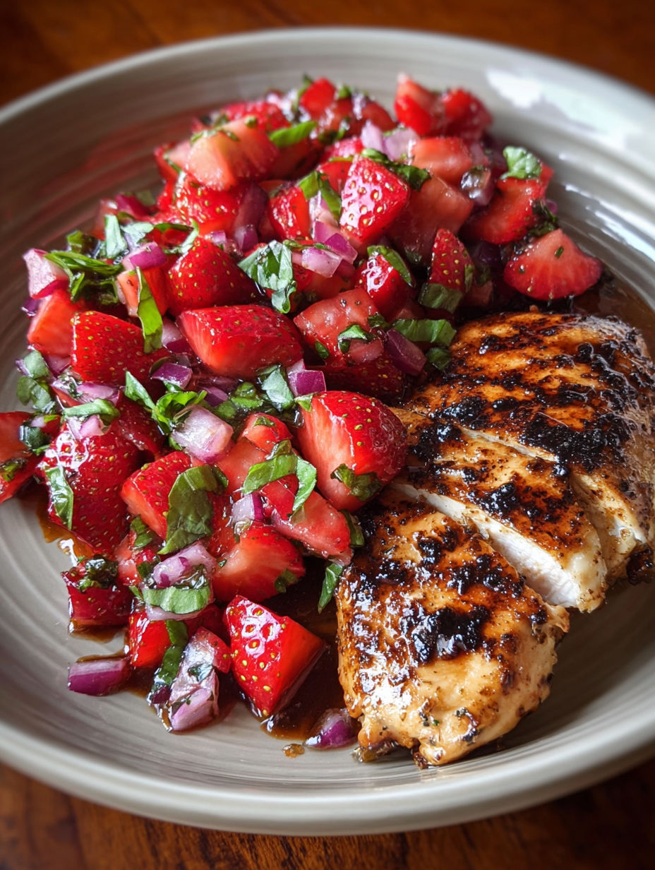 A plate of food with a chicken breast and a strawberry salad.