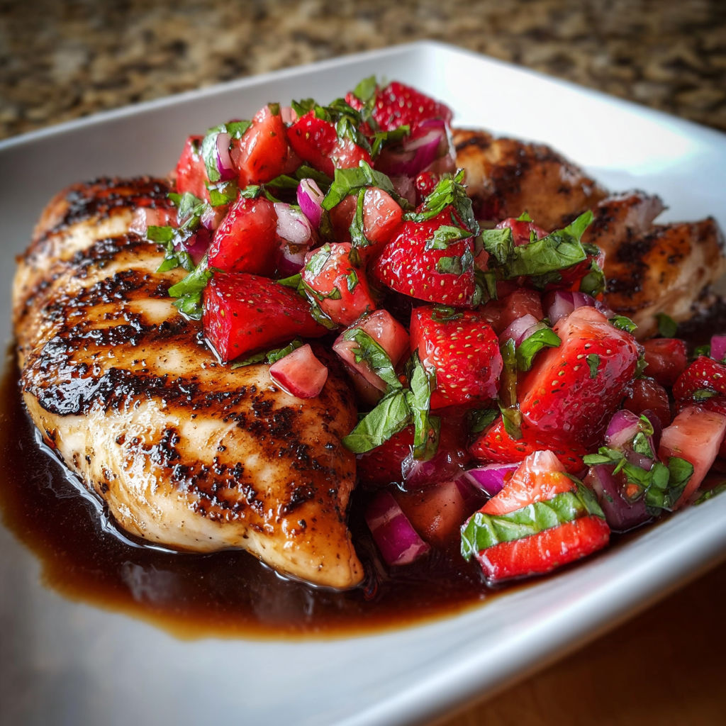A plate of food with chicken, strawberries, and green leaves, possibly a salad or a dish with a strawberry sauce.