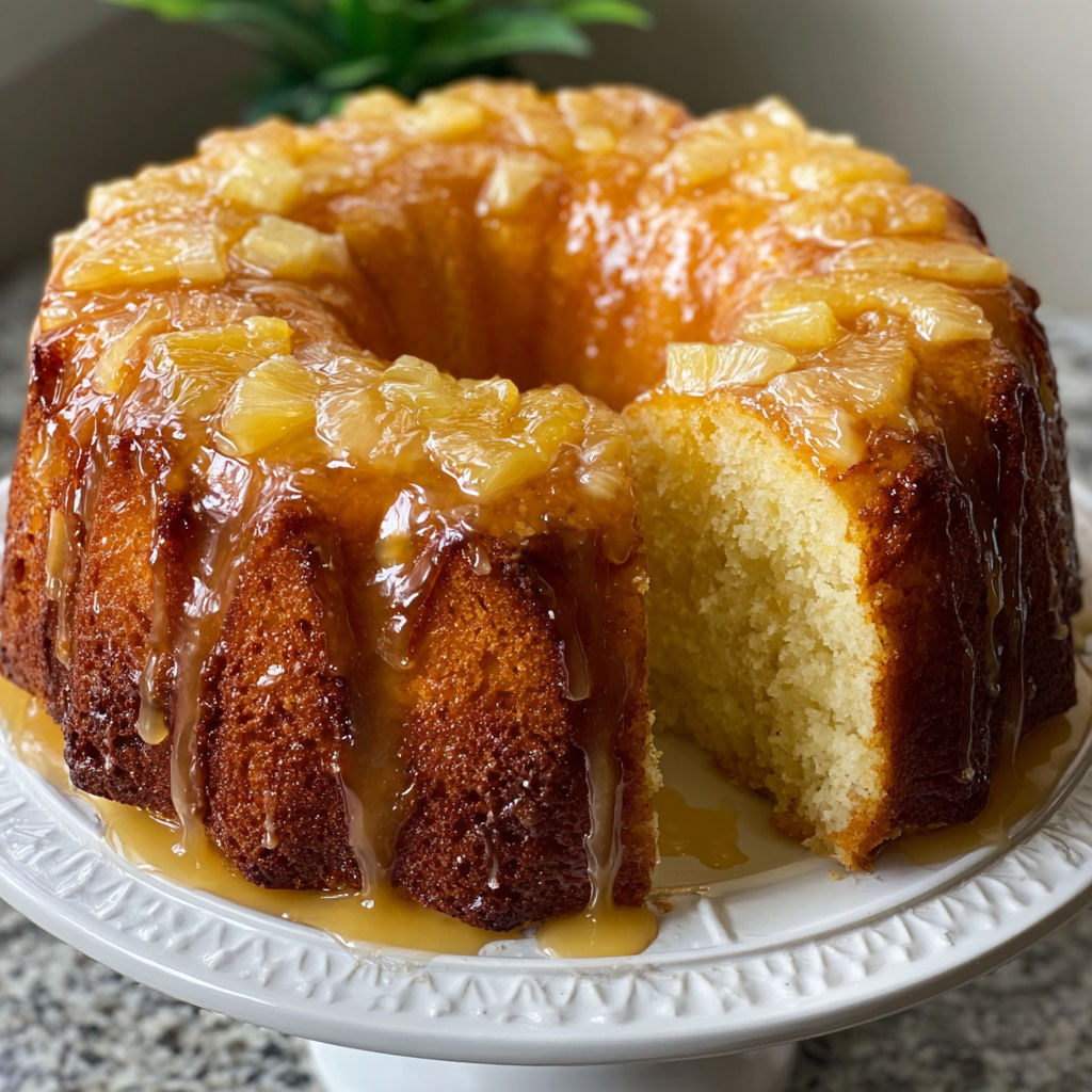 A slice of Pineapple Pound Cake is served on a white plate.
