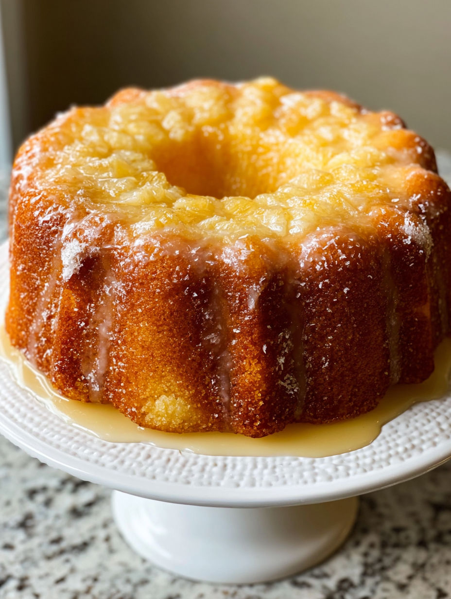 A cake with a white plate underneath it.