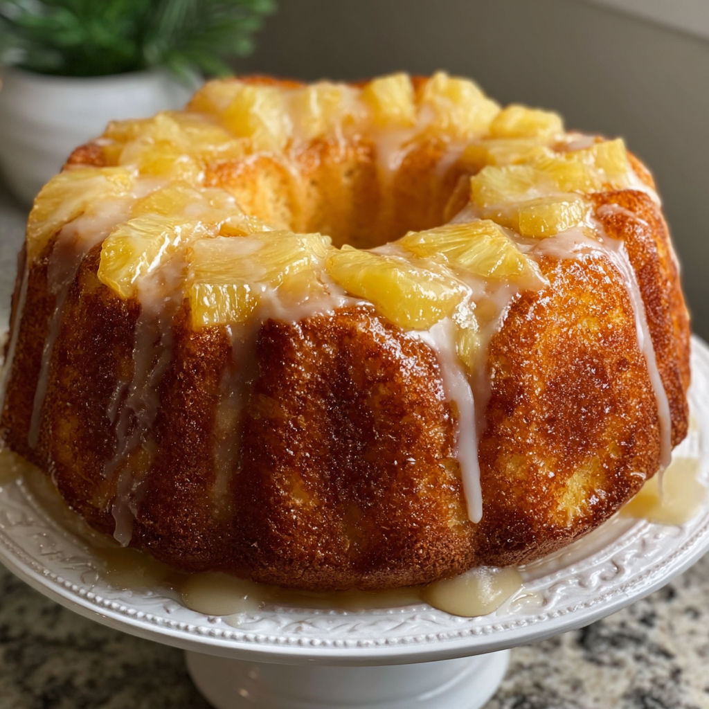 A cake with pineapple and coconut topping is displayed on a white plate.