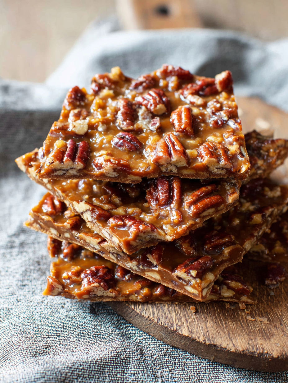A stack of pecan bars on a wooden cutting board.