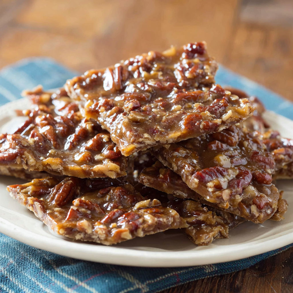 A plate of pecan candy bars with a brown sugar glaze.