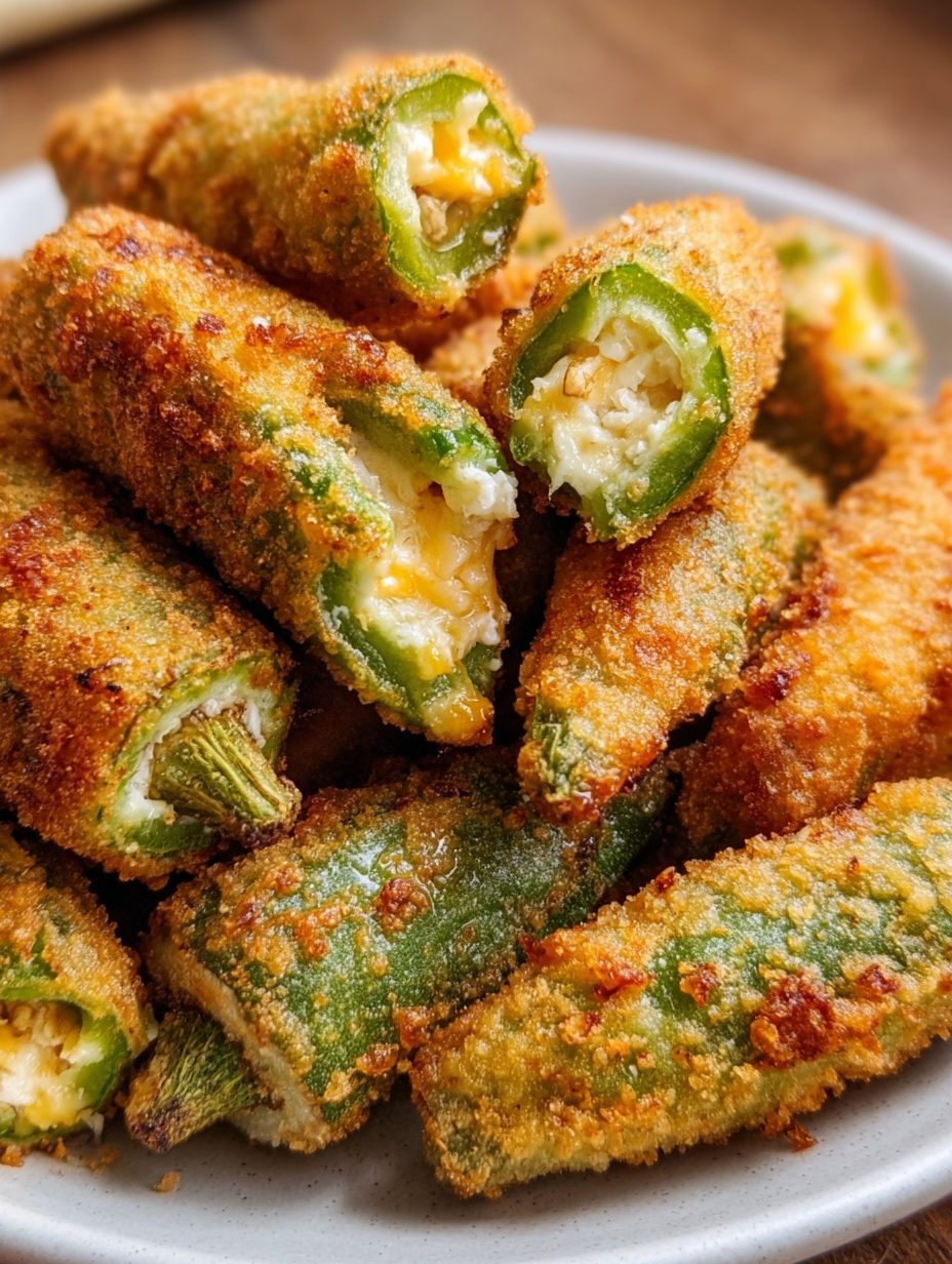 A plate of Pepper Jack Cheese Stuffed Fried Okra.