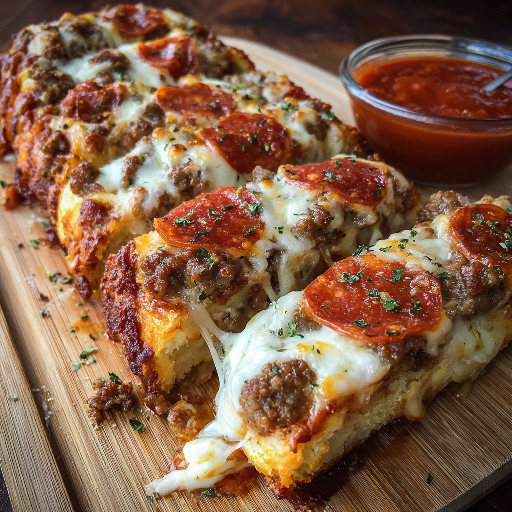 A delicious pepperoni pizza with cheese and tomato sauce on a wooden cutting board.