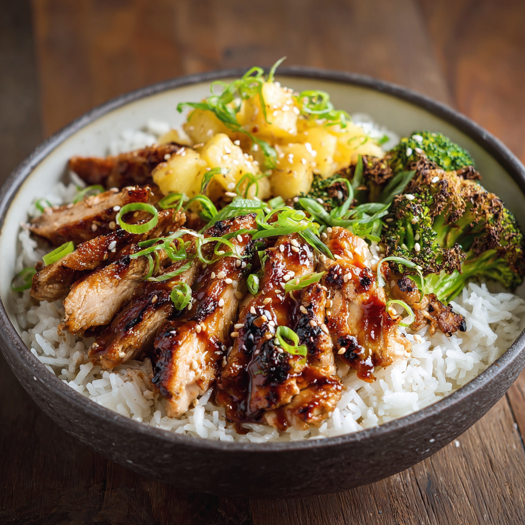 A bowl of rice with chicken, broccoli, and potatoes, topped with a sweet and sour sauce.