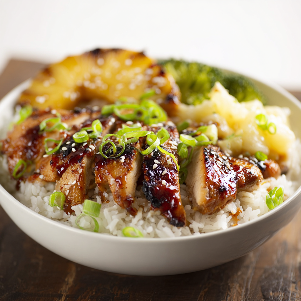 A bowl of rice with chicken and broccoli, topped with a pineapple sauce.