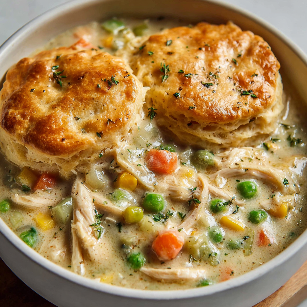 A bowl of chicken pot pie with a biscuit on top.