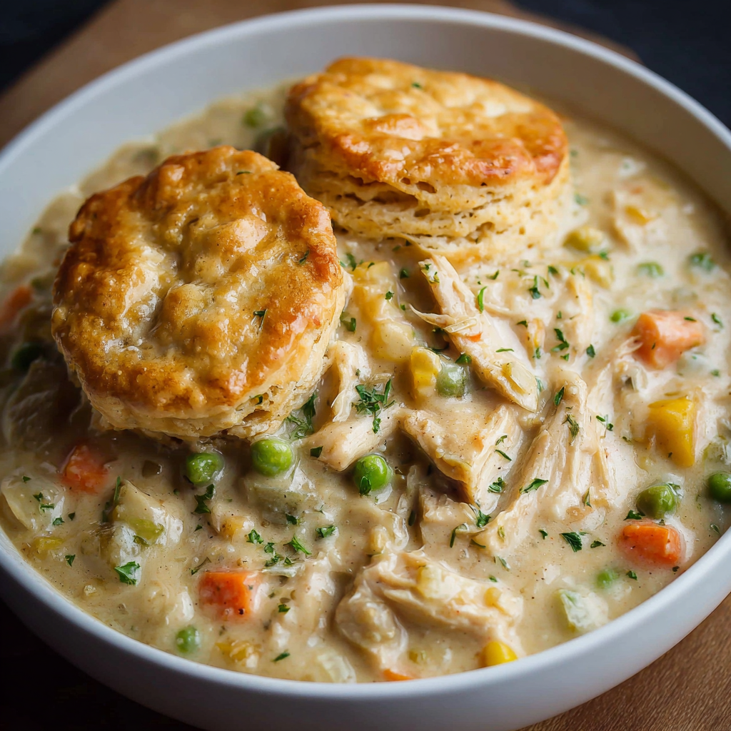 A bowl of soup with a biscuit on top and a biscuit on the side.