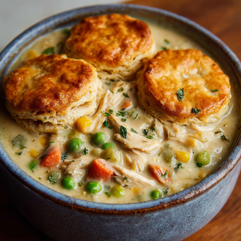 A bowl of soup with a biscuit on top, containing chicken and vegetables.