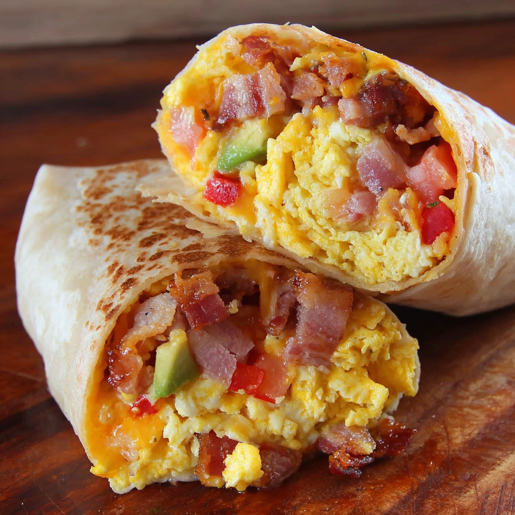 A breakfast burrito with bacon and eggs is displayed on a wooden table.